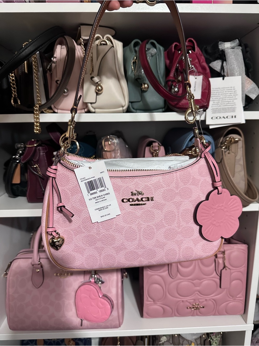 Coach Powder Pink Teri Shoulder Bag with Flower Charm